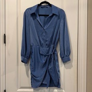 Zara Elegant Blue silky metallic Women's wrap Dress size medium